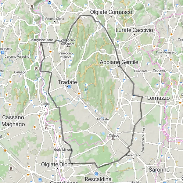 Zemljevid v pomanjšavi "Castiglione Olona - Gerenzano - Biciccera Circuit" kolesarske inspiracije v Lombardia, Italy. Generirano z načrtovalcem kolesarskih poti Tarmacs.app