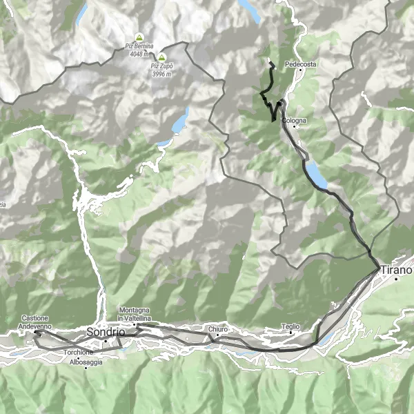 Miniatura della mappa di ispirazione al ciclismo "Tour Stradale di Poschiavo" nella regione di Lombardia, Italy. Generata da Tarmacs.app, pianificatore di rotte ciclistiche