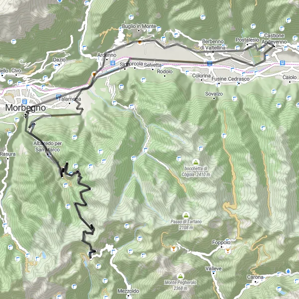 Zemljevid v pomanjšavi "Razgledna pot do Morbegna" kolesarske inspiracije v Lombardia, Italy. Generirano z načrtovalcem kolesarskih poti Tarmacs.app