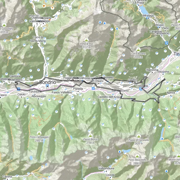 Miniatura della mappa di ispirazione al ciclismo "Itinerario panoramico da Sondrio a Caiolo attraverso Teglio" nella regione di Lombardia, Italy. Generata da Tarmacs.app, pianificatore di rotte ciclistiche