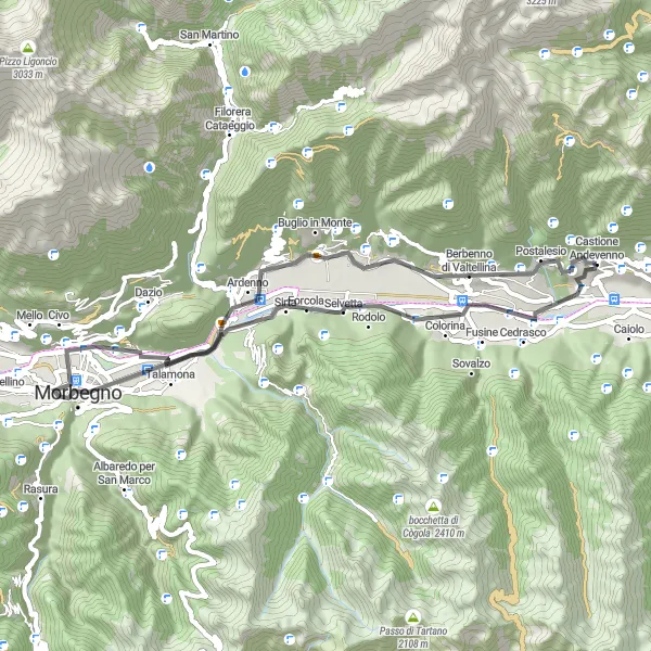 Kartminiatyr av "Vägcykling runt Castione Andevenno" cykelinspiration i Lombardia, Italy. Genererad av Tarmacs.app cykelruttplanerare