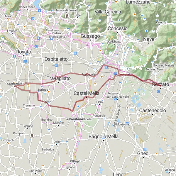 Miniatura della mappa di ispirazione al ciclismo "Avventura in bicicletta tra Castrezzato e Maclodio" nella regione di Lombardia, Italy. Generata da Tarmacs.app, pianificatore di rotte ciclistiche