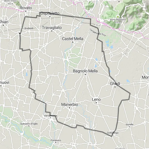 Zemljevid v pomanjšavi "Kolesarska pot Castegnato - Borgosatollo - Ghedi - Pavone del Mella - Verolanuova - Trenzano" kolesarske inspiracije v Lombardia, Italy. Generirano z načrtovalcem kolesarskih poti Tarmacs.app