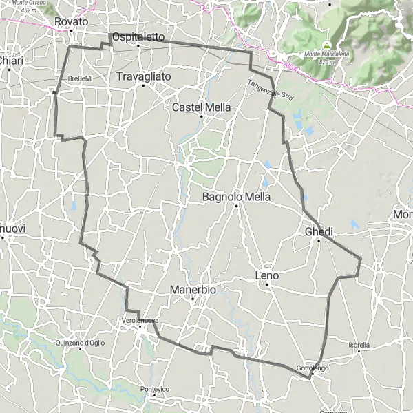 Miniatuurkaart van de fietsinspiratie "Rondrit vanuit Castrezzato via Castegnato, Borgosatollo, Ghedi, Pavone del Mella, Verolanuova, Trenzano" in Lombardia, Italy. Gemaakt door de Tarmacs.app fietsrouteplanner