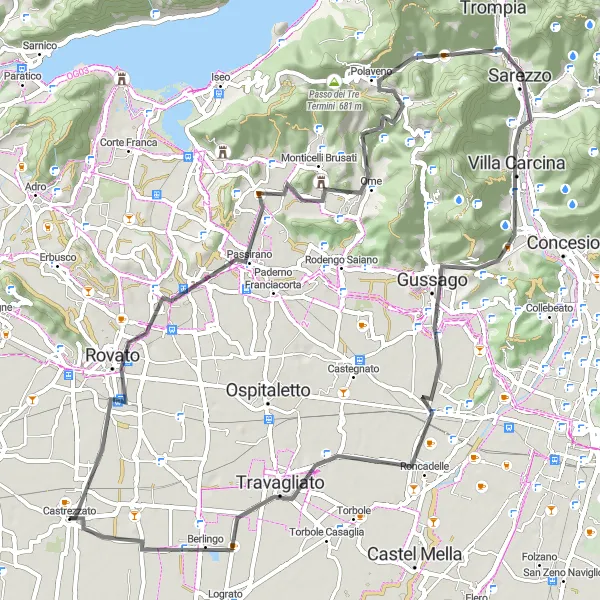 Miniatura della mappa di ispirazione al ciclismo "Giro in bicicletta intorno a Castrezzato" nella regione di Lombardia, Italy. Generata da Tarmacs.app, pianificatore di rotte ciclistiche