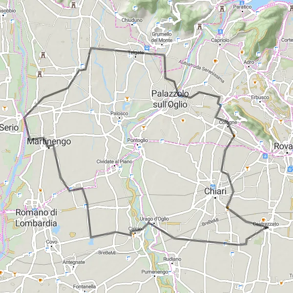 Miniaturní mapa "Okruh do Castelcovati, Cortenuovy, Palazzolo sull'Oglio, Cologny a Castrezzata" inspirace pro cyklisty v oblasti Lombardia, Italy. Vytvořeno pomocí plánovače tras Tarmacs.app