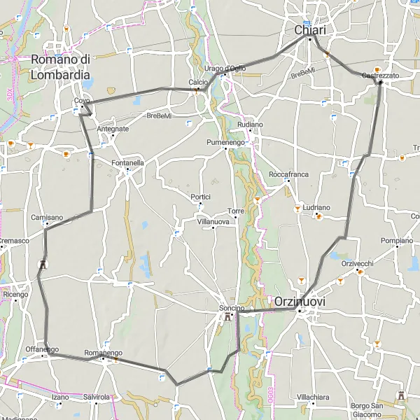 Miniatura della mappa di ispirazione al ciclismo "Giro in bicicletta tra Castrezzato e Orzinuovi" nella regione di Lombardia, Italy. Generata da Tarmacs.app, pianificatore di rotte ciclistiche