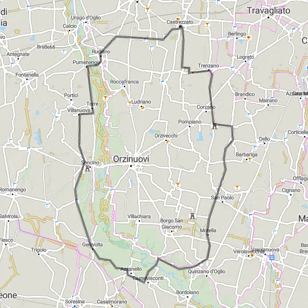 Kartminiatyr av "Genom Castelvisconti till Castelcovati" cykelinspiration i Lombardia, Italy. Genererad av Tarmacs.app cykelruttplanerare