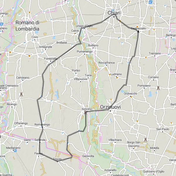 Zemljevid v pomanjšavi "Kolesarska pot Orzinuovi - Fiesco - Chiari - Castrezzato" kolesarske inspiracije v Lombardia, Italy. Generirano z načrtovalcem kolesarskih poti Tarmacs.app