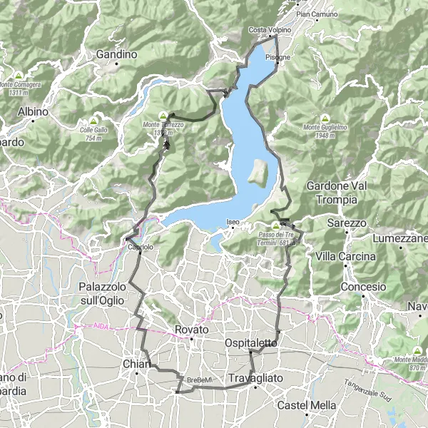 Zemljevid v pomanjšavi "Potovanje po cesti skozi jezero Iseo" kolesarske inspiracije v Lombardia, Italy. Generirano z načrtovalcem kolesarskih poti Tarmacs.app