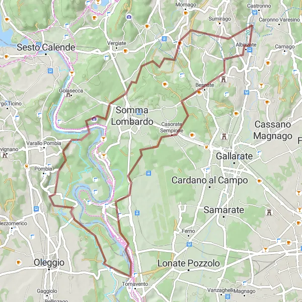 Zemljevid v pomanjšavi "Pot Vizzola Ticino - Monte La Torre" kolesarske inspiracije v Lombardia, Italy. Generirano z načrtovalcem kolesarskih poti Tarmacs.app