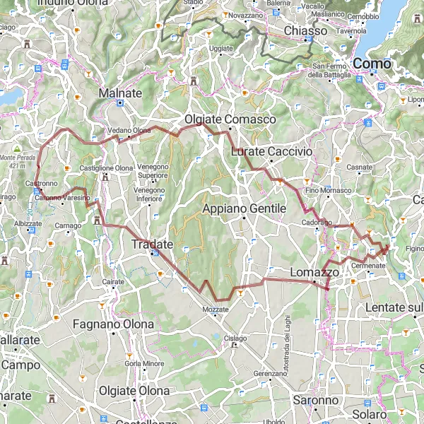 Zemljevid v pomanjšavi "Gravel avantura: Binago do Monte Roncaccio" kolesarske inspiracije v Lombardia, Italy. Generirano z načrtovalcem kolesarskih poti Tarmacs.app