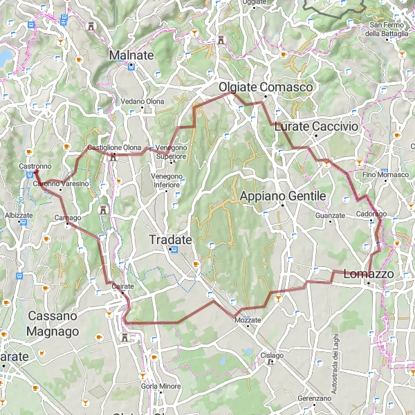 Map miniature of "Castronno and the Gravel Roads" cycling inspiration in Lombardia, Italy. Generated by Tarmacs.app cycling route planner