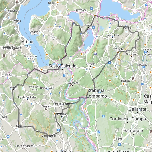 Miniatura della mappa di ispirazione al ciclismo "Giro in bicicletta tra Castronno e altri villaggi" nella regione di Lombardia, Italy. Generata da Tarmacs.app, pianificatore di rotte ciclistiche