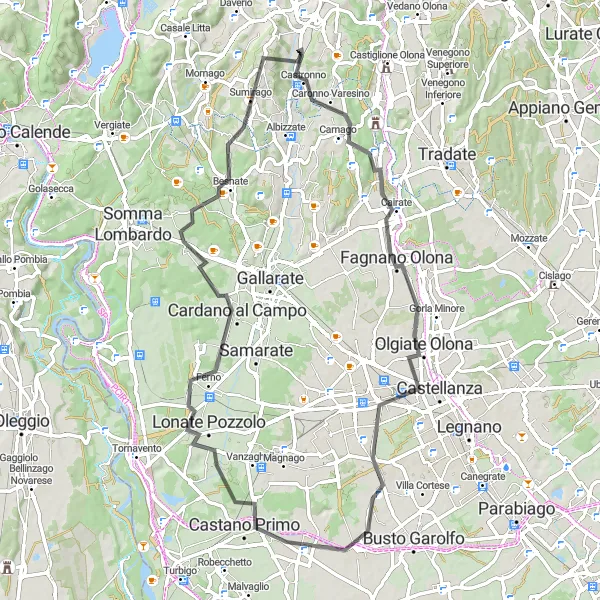 Map miniature of "Scenic Road Loop from Castronno" cycling inspiration in Lombardia, Italy. Generated by Tarmacs.app cycling route planner