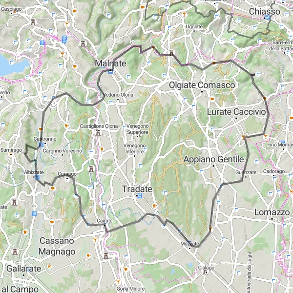 Map miniature of "Challenging Road Ride near Castronno" cycling inspiration in Lombardia, Italy. Generated by Tarmacs.app cycling route planner