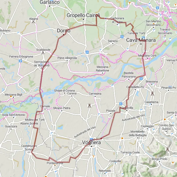 Miniatura della mappa di ispirazione al ciclismo "Tour in bicicletta gravel da Cava Manara a Villanova d'Ardenghi" nella regione di Lombardia, Italy. Generata da Tarmacs.app, pianificatore di rotte ciclistiche