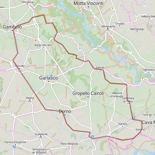 Zemljevid v pomanjšavi "Scenic gravel ride to Gambolò and Zerbolò" kolesarske inspiracije v Lombardia, Italy. Generirano z načrtovalcem kolesarskih poti Tarmacs.app