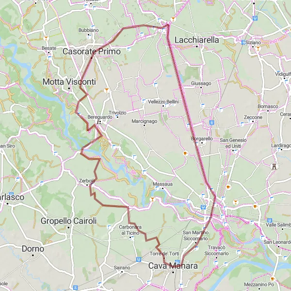 Mapa miniatúra "Gravelová trasa okolo Pávie" cyklistická inšpirácia v Lombardia, Italy. Vygenerované cyklistickým plánovačom trás Tarmacs.app