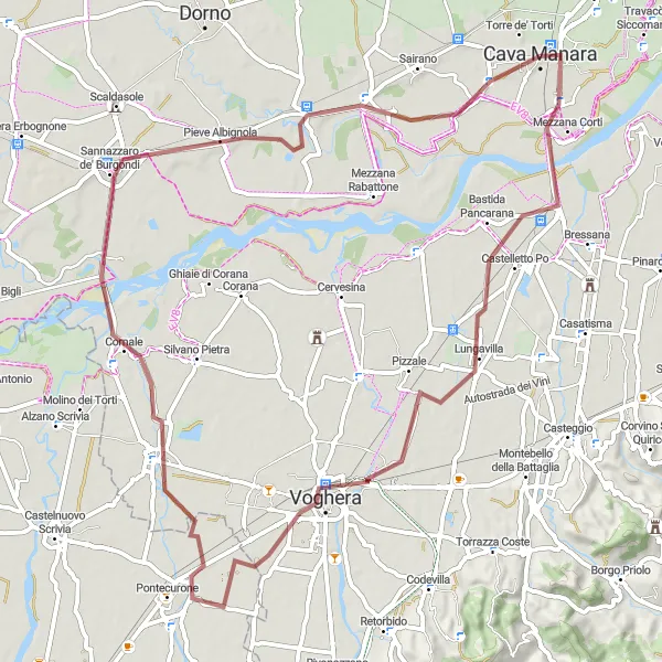 Mapa miniatúra "Gravelová trasa cez Lungavillu a Vogheru" cyklistická inšpirácia v Lombardia, Italy. Vygenerované cyklistickým plánovačom trás Tarmacs.app