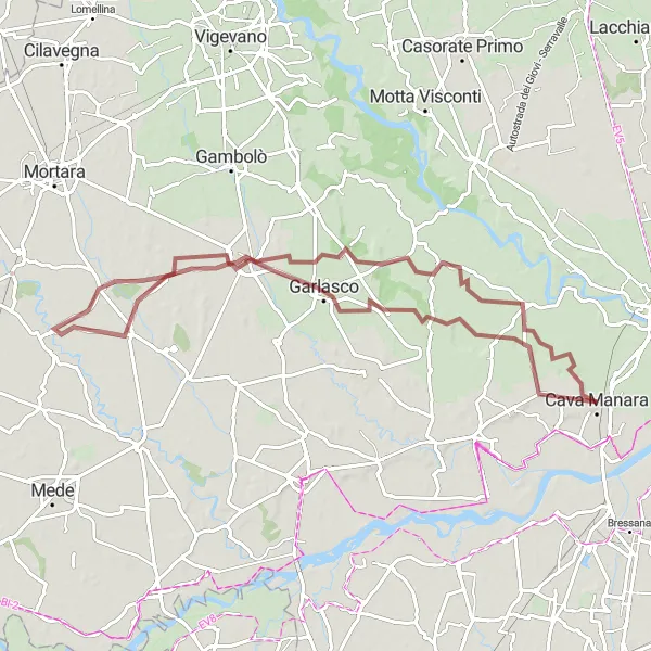Miniatura della mappa di ispirazione al ciclismo "Giro in bicicletta gravel da Zerbolò a Villanova d'Ardenghi" nella regione di Lombardia, Italy. Generata da Tarmacs.app, pianificatore di rotte ciclistiche