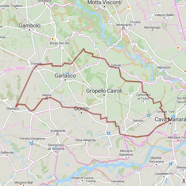 Kartminiatyr av "Utforsk landsbyene Dorno og Tromello på grusveier" sykkelinspirasjon i Lombardia, Italy. Generert av Tarmacs.app sykkelrutoplanlegger