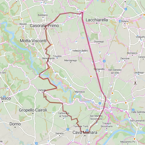 Miniaturní mapa "Gravel Route from Cava Manara" inspirace pro cyklisty v oblasti Lombardia, Italy. Vytvořeno pomocí plánovače tras Tarmacs.app