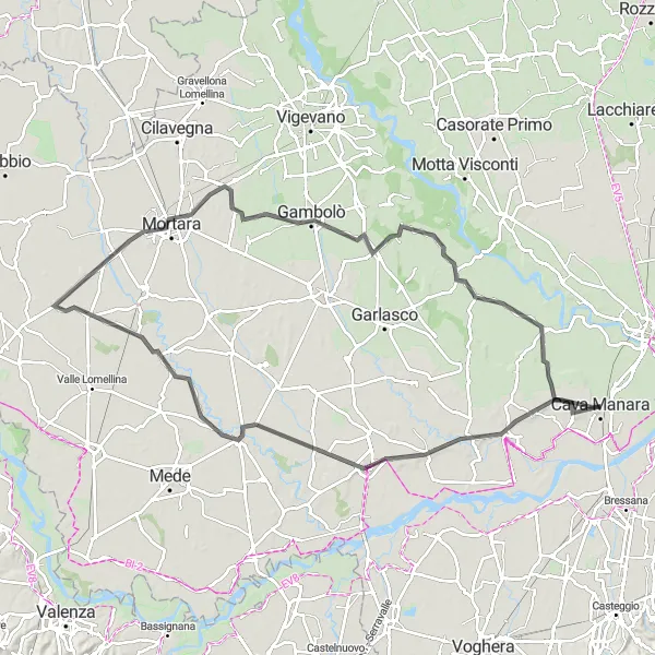 Miniature de la carte de l'inspiration cycliste "Circuit à vélo de Sannazzaro de' Burgondi à Mortara à vélo de route" dans la Lombardia, Italy. Générée par le planificateur d'itinéraire cycliste Tarmacs.app