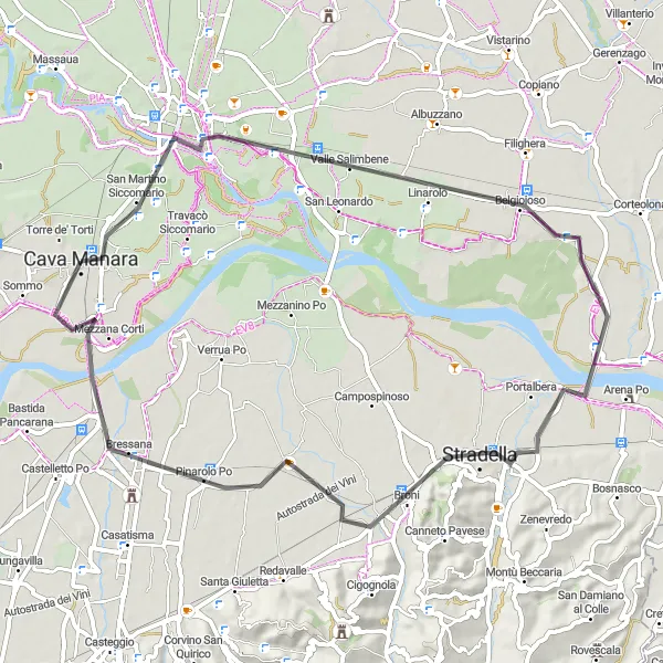 Kartminiatyr av "Stradella til Mezzana Corti" sykkelinspirasjon i Lombardia, Italy. Generert av Tarmacs.app sykkelrutoplanlegger
