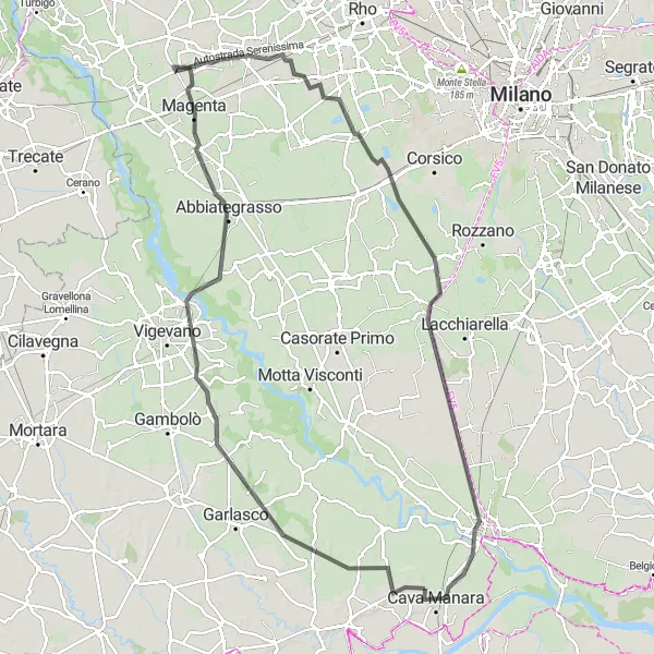 Miniaturní mapa "Road Route Gropello Cairoli - Pavia" inspirace pro cyklisty v oblasti Lombardia, Italy. Vytvořeno pomocí plánovače tras Tarmacs.app