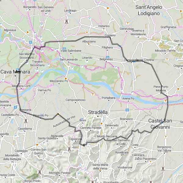 Miniaturní mapa "Okruh kolem Cava Manara - Pavia - Castel San Giovanni" inspirace pro cyklisty v oblasti Lombardia, Italy. Vytvořeno pomocí plánovače tras Tarmacs.app