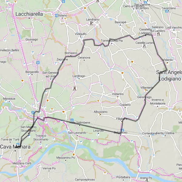 Miniature de la carte de l'inspiration cycliste "Promenade à Belgioioso depuis Pavia" dans la Lombardia, Italy. Générée par le planificateur d'itinéraire cycliste Tarmacs.app