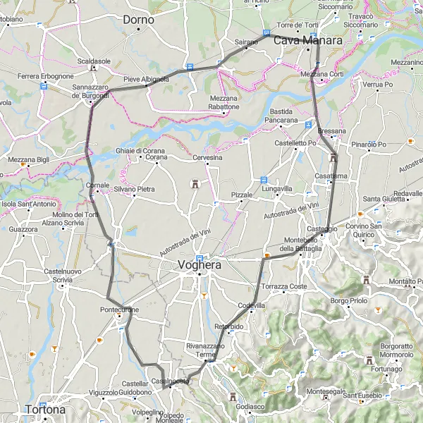 Miniaturní mapa "Okruh kolem Cava Manara - Casteggio - Rivanazzano Terme" inspirace pro cyklisty v oblasti Lombardia, Italy. Vytvořeno pomocí plánovače tras Tarmacs.app