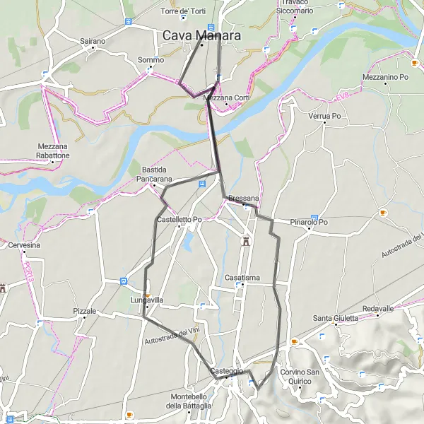 Mapa miniatúra "Cestovná trasa cez Robecco Pavese a Casteggio" cyklistická inšpirácia v Lombardia, Italy. Vygenerované cyklistickým plánovačom trás Tarmacs.app