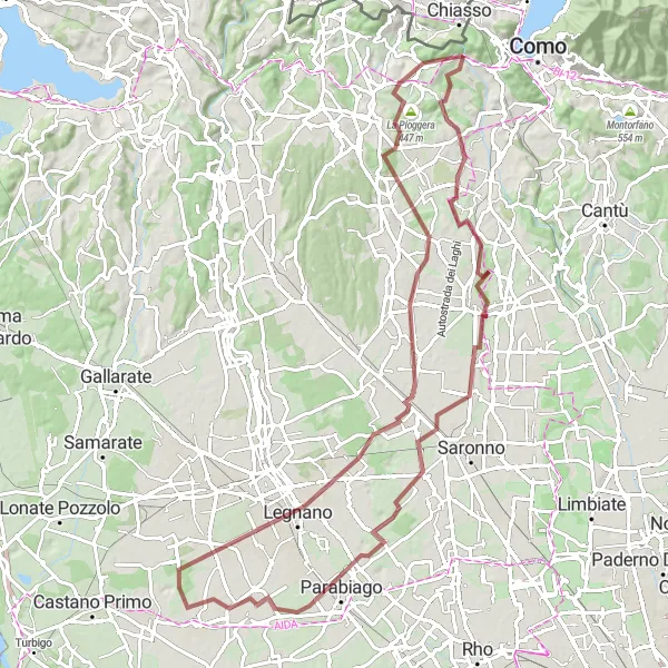 Miniaturekort af cykelinspirationen "Gruscykeltur til Monte Cucco og Villa Guardia" i Lombardia, Italy. Genereret af Tarmacs.app cykelruteplanlægger