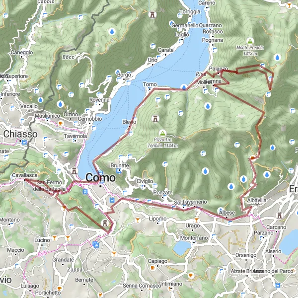 Miniaturekort af cykelinspirationen "Udfordrende Gruscykeltur til Palanzo og Como" i Lombardia, Italy. Genereret af Tarmacs.app cykelruteplanlægger