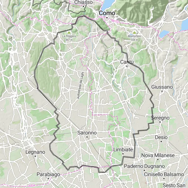 Mapa miniatúra "Cestný výlet do okolia Olgiate Comasco" cyklistická inšpirácia v Lombardia, Italy. Vygenerované cyklistickým plánovačom trás Tarmacs.app