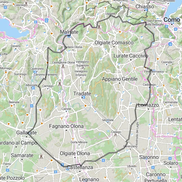 Miniatua del mapa de inspiración ciclista "Ruta de Ciclismo en Carretera cerca de Cavallasca" en Lombardia, Italy. Generado por Tarmacs.app planificador de rutas ciclistas