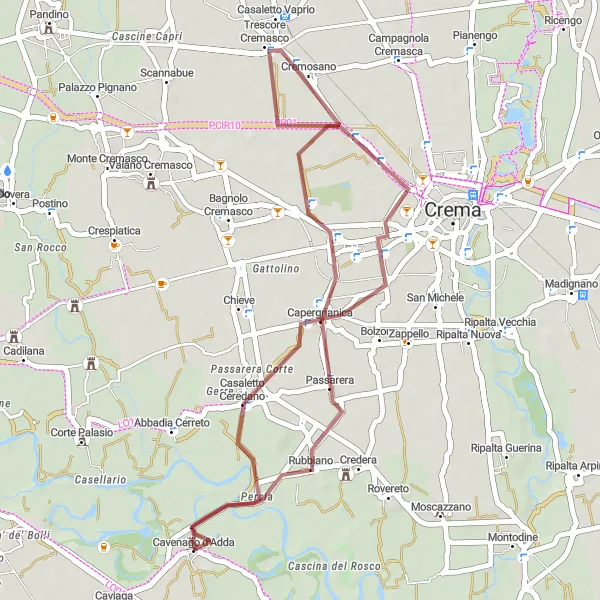 Miniatua del mapa de inspiración ciclista "Ruta de ciclismo de grava cerca de Cavenago d'Adda" en Lombardia, Italy. Generado por Tarmacs.app planificador de rutas ciclistas