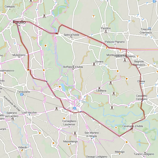 Miniatua del mapa de inspiración ciclista "Ruta de 61 km en gravilla desde Cavenago d'Adda" en Lombardia, Italy. Generado por Tarmacs.app planificador de rutas ciclistas
