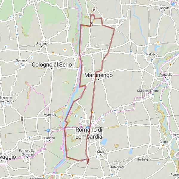 Miniaturní mapa "Okružní cyklistická trasa Cavernago - Martinengo - Romano di Lombardia - Muratella" inspirace pro cyklisty v oblasti Lombardia, Italy. Vytvořeno pomocí plánovače tras Tarmacs.app