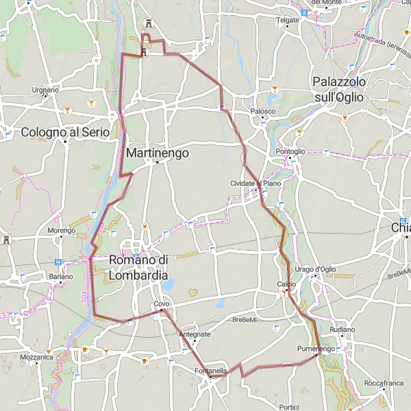 Mapa miniatúra "Gravel Route From Cavernago" cyklistická inšpirácia v Lombardia, Italy. Vygenerované cyklistickým plánovačom trás Tarmacs.app