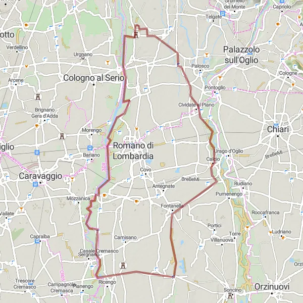 Mapa miniatúra "Gravel Route to Castello di Malpaga" cyklistická inšpirácia v Lombardia, Italy. Vygenerované cyklistickým plánovačom trás Tarmacs.app