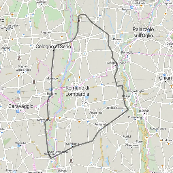 Miniaturní mapa "Okružní cyklistická trasa Cavernago - Cividate al Piano - Fontanella - Mozzanica - Cologno al Serio - Malpaga" inspirace pro cyklisty v oblasti Lombardia, Italy. Vytvořeno pomocí plánovače tras Tarmacs.app