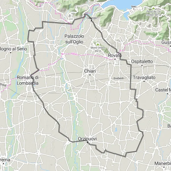 Miniatura mapy "Trasa przez Grumello del Monte, Adro, Berlingo, Dello, Rocca Sforzesca, Antegnate, Cortenuova i Ghisalba" - trasy rowerowej w Lombardia, Italy. Wygenerowane przez planer tras rowerowych Tarmacs.app