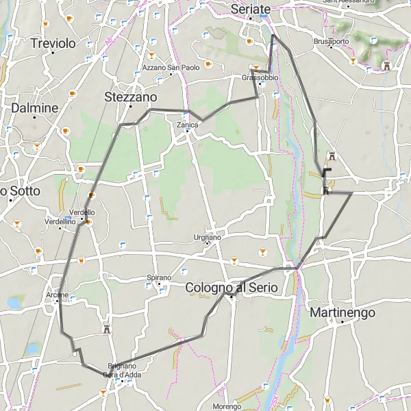 Kartminiatyr av "Cavernago Loop via Cologno al Serio og Castel Rozzone" sykkelinspirasjon i Lombardia, Italy. Generert av Tarmacs.app sykkelrutoplanlegger