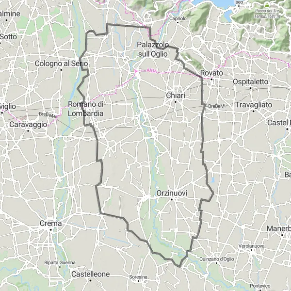 Mapa miniatúra "Road Route to Cavernago" cyklistická inšpirácia v Lombardia, Italy. Vygenerované cyklistickým plánovačom trás Tarmacs.app