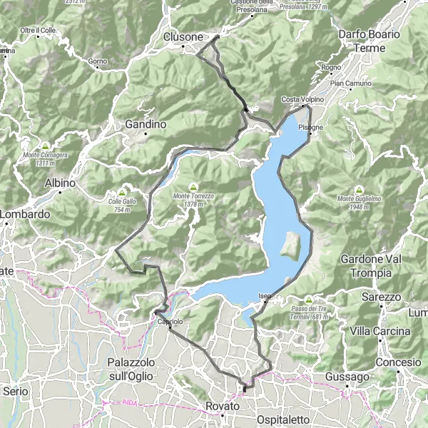 Miniatura della mappa di ispirazione al ciclismo "Giro dei laghi bresciani" nella regione di Lombardia, Italy. Generata da Tarmacs.app, pianificatore di rotte ciclistiche