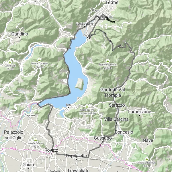 Miniatura della mappa di ispirazione al ciclismo "Le vette della Bergamasca" nella regione di Lombardia, Italy. Generata da Tarmacs.app, pianificatore di rotte ciclistiche