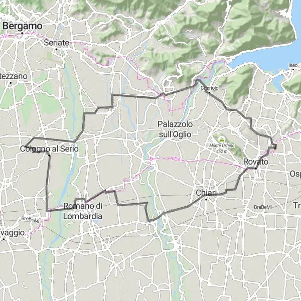 Miniatura della mappa di ispirazione al ciclismo "Avventura ciclistica tra Rovato e Calino" nella regione di Lombardia, Italy. Generata da Tarmacs.app, pianificatore di rotte ciclistiche